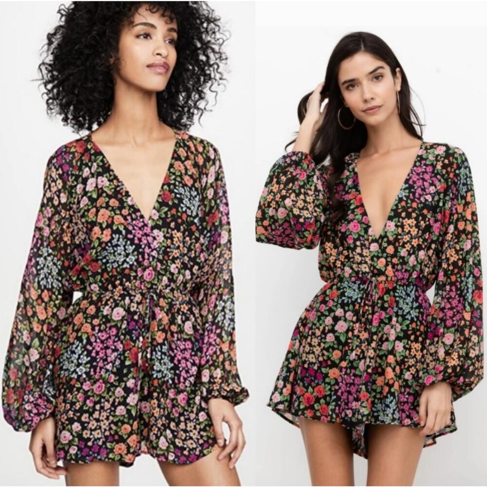 Yumi Kim Romper Womens Medium Black Multi Floral Naomi Kingston Garden V Neck